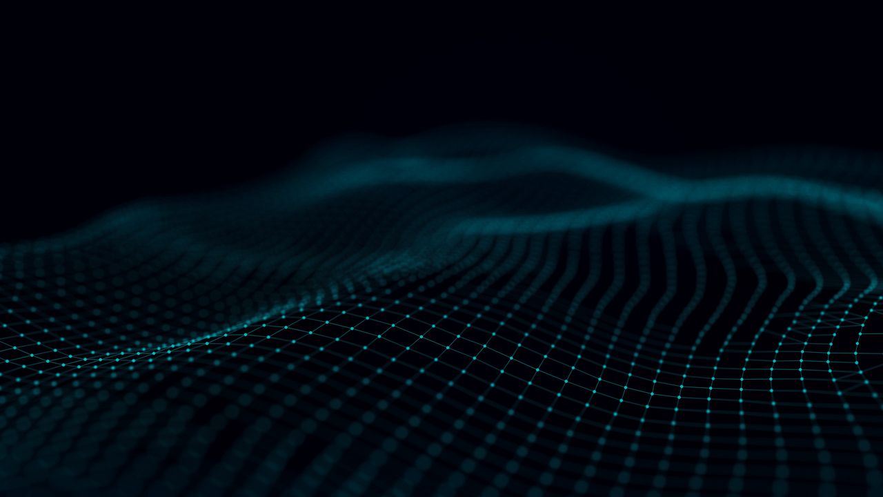 Abstraktes türkisfarbenes Wellennetz auf dunklem Hintergrund